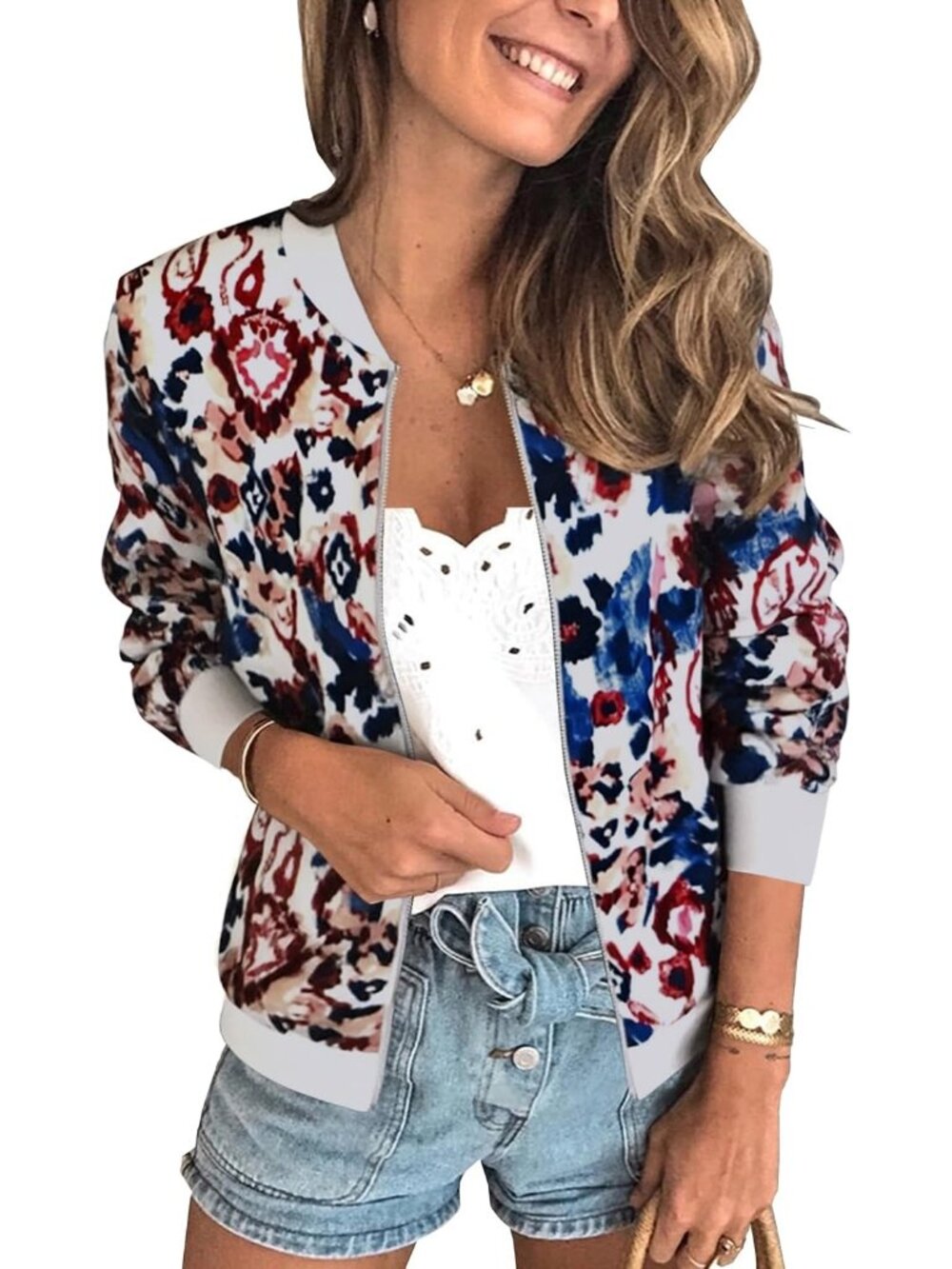 Womens Leopard Floral Front Zip Closure Long Sleeve Lining Quilted Bomber Jacket